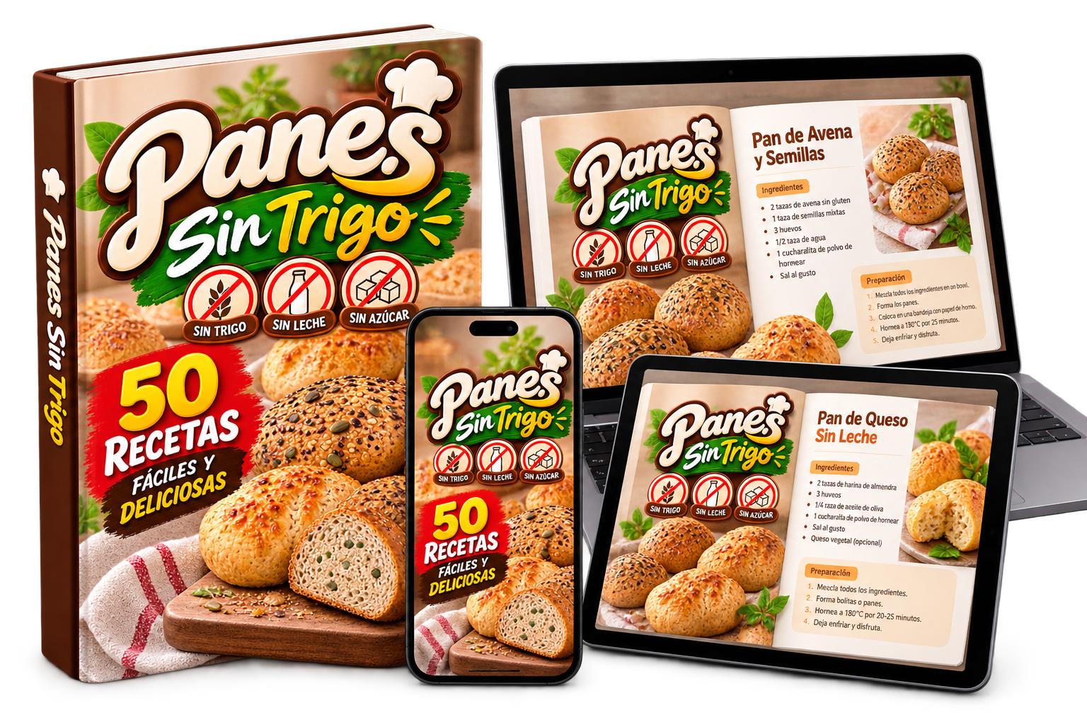 Mockup digital de Panes Sin Trigo con libro, celular, notebook y tablet